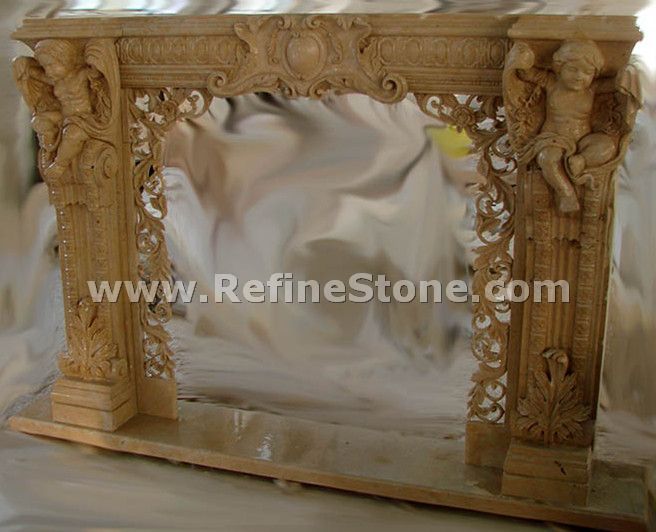 Yellow limestone fireplace with children carved