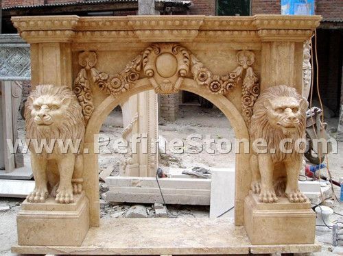 Yellow limestone fireplace with lion sculpture