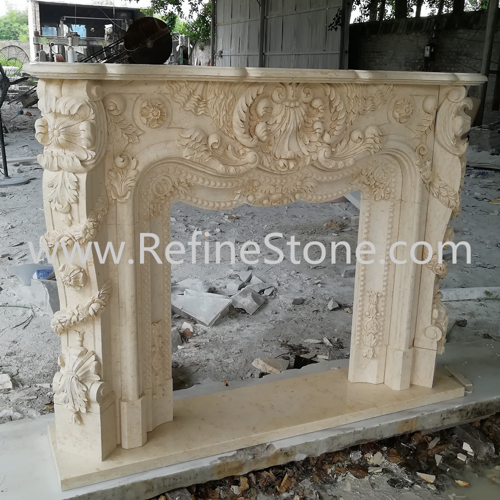 Sunny beige marble fireplace surround